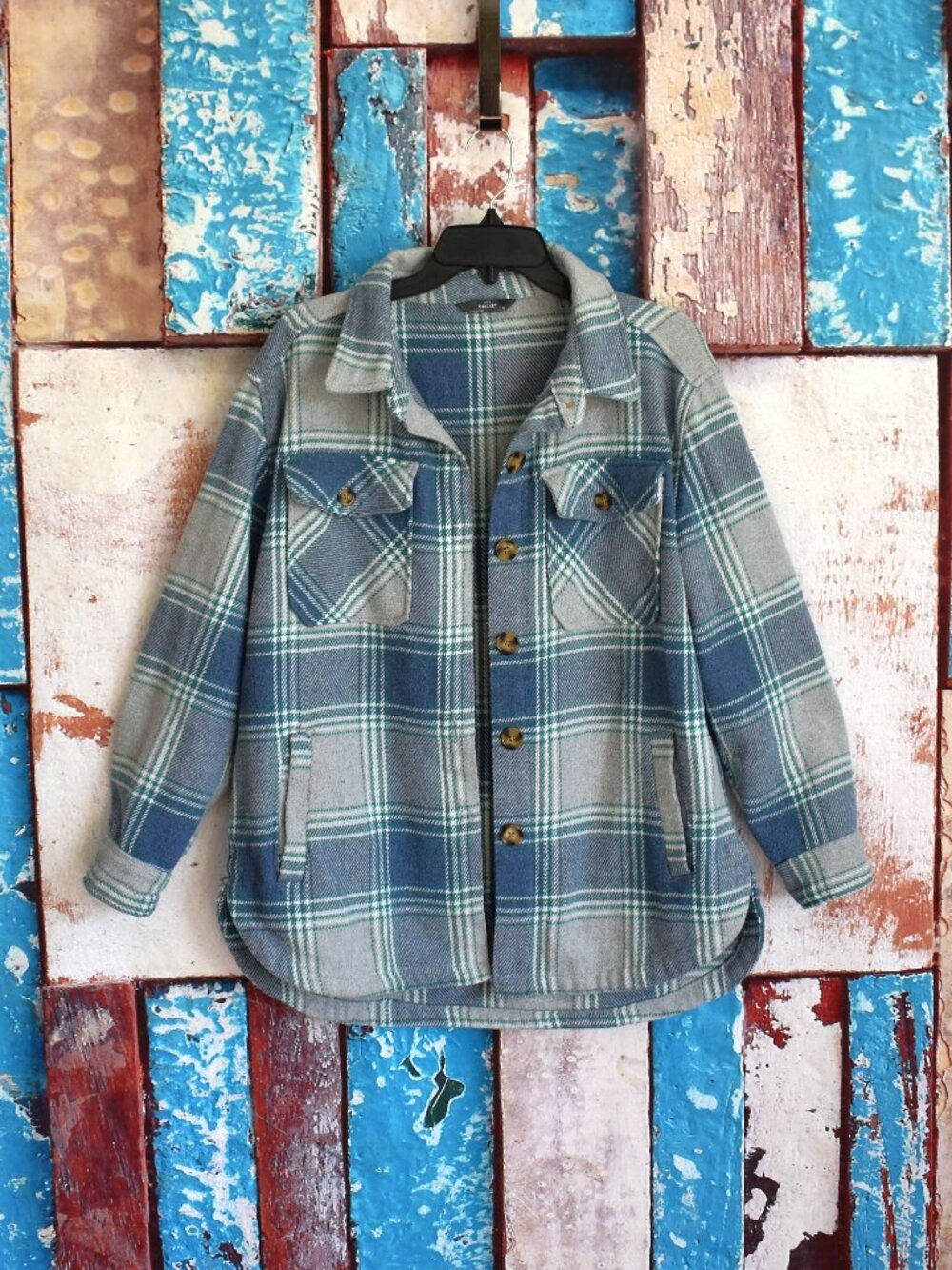 Women's Member's Mark Plaid Shacket Button Up Long Sleeve MEDIUM Blue Plaid